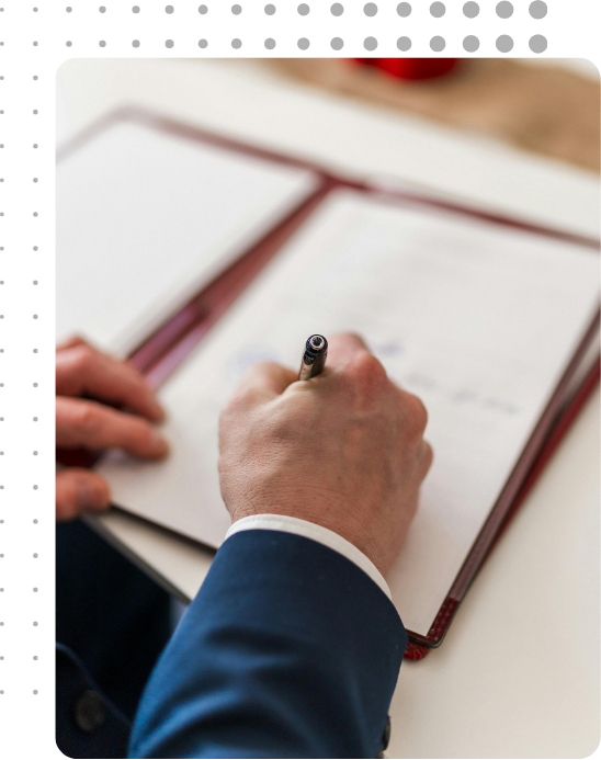 Business consultant filling out contractor licensing documents.