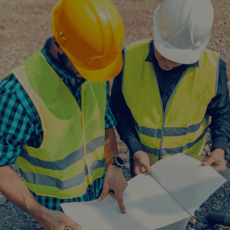 Two home improvement contractors reviewing building plans on-site in safety gear